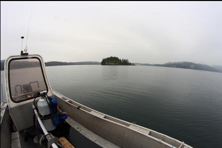 Boat moored over the reef with Senanus Island in the distance