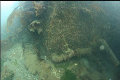 pipe and valve coming out of another metal tank near shore