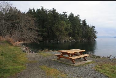picnic table and Coffin Point in background