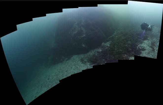 swimming over rubble slope around corner to wall